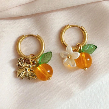 DAIIIBABYYY  -  Gold Color Plated Stainless Steel Hoop Earrings for Women Vintage Bee Flower Fruit Drop Earrings Charms Trendy Jewelry Gifts